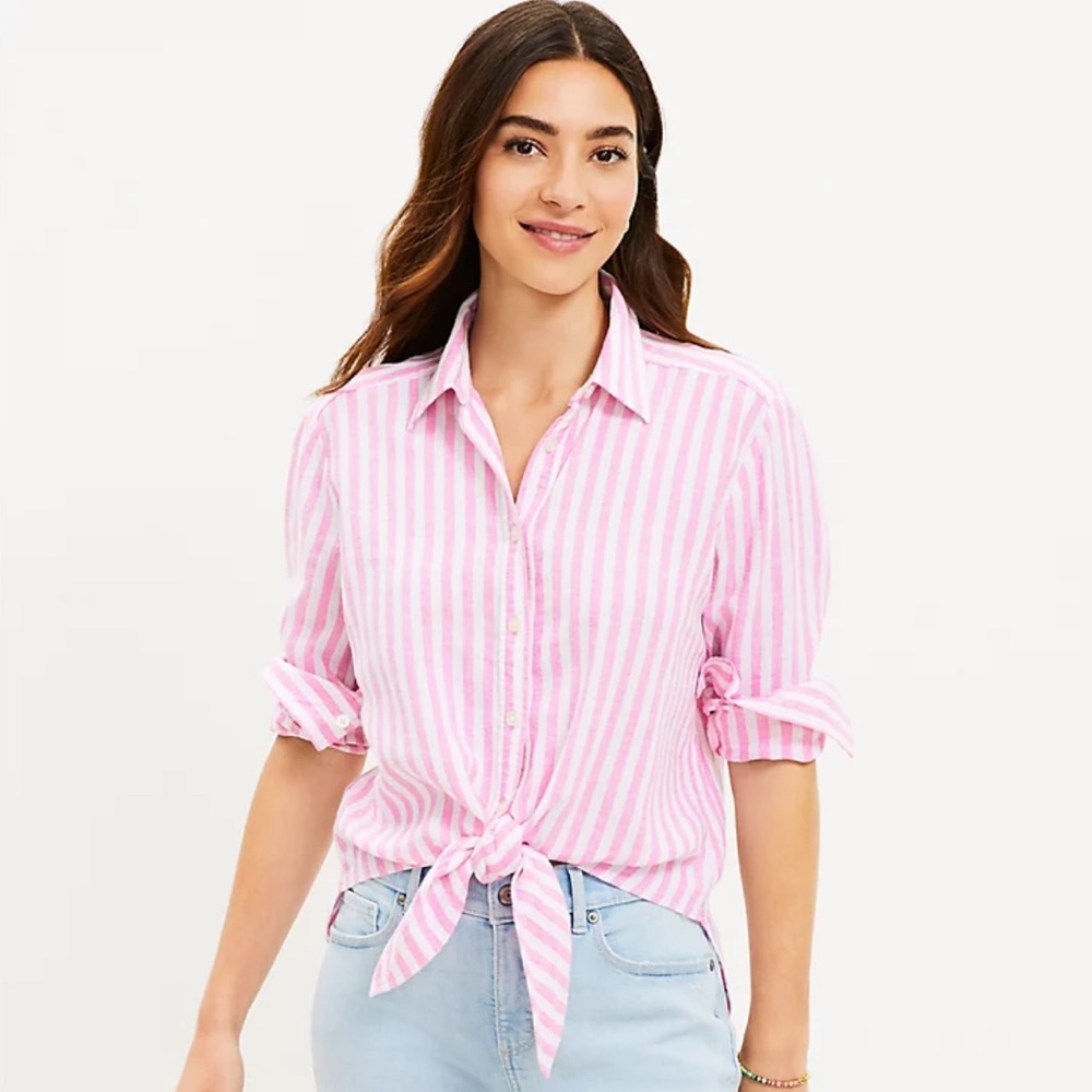LOFT Striped Linen Blend Tie Front Everyday Shirt - Large - Picture 1 of 6